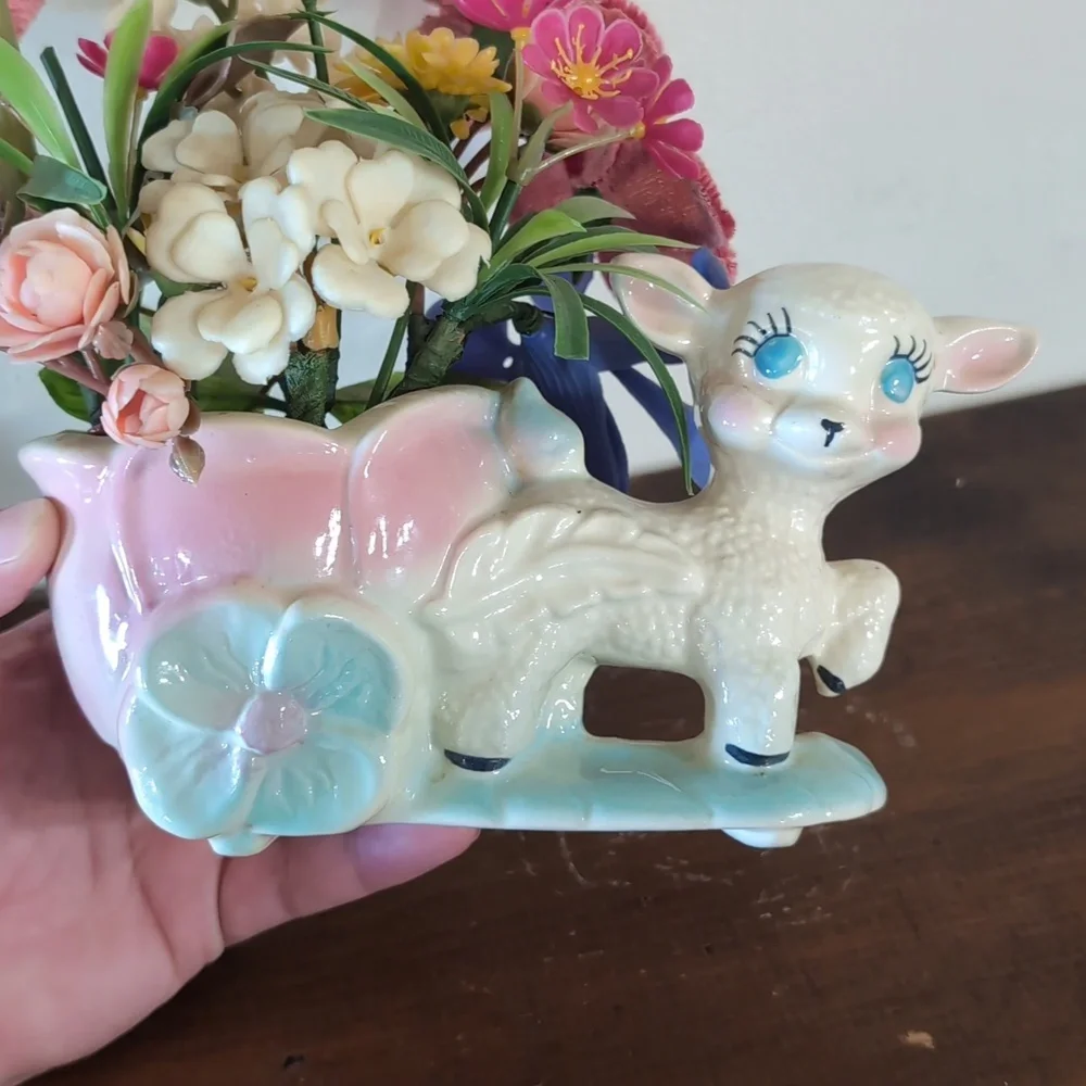Charming Pastel Lamb Planter with Flowers Cottagecore Vintage Blue Pink Decor